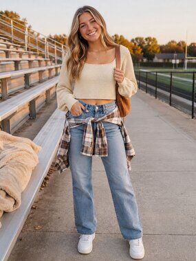 Lulus Cream Crochet Knit Square Neck Cropped Sweater Balloon Sleeve M